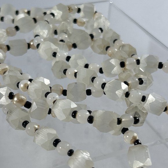 Long 56" Beaded Necklace White Faceted Beads Black Spacers Tunic Length - Picture 7 of 12